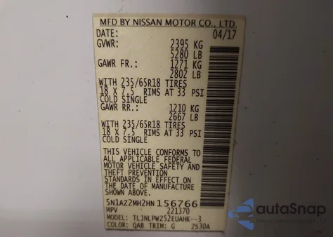 2017 Nissan Murano S z USA, uszkodzony, nr VIN 5N1AZ2MH2HN156766